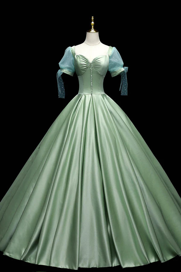 Wholesale Green Satin Long A-Line Ball Gown Short Sleeve Green Formal Evening Dress